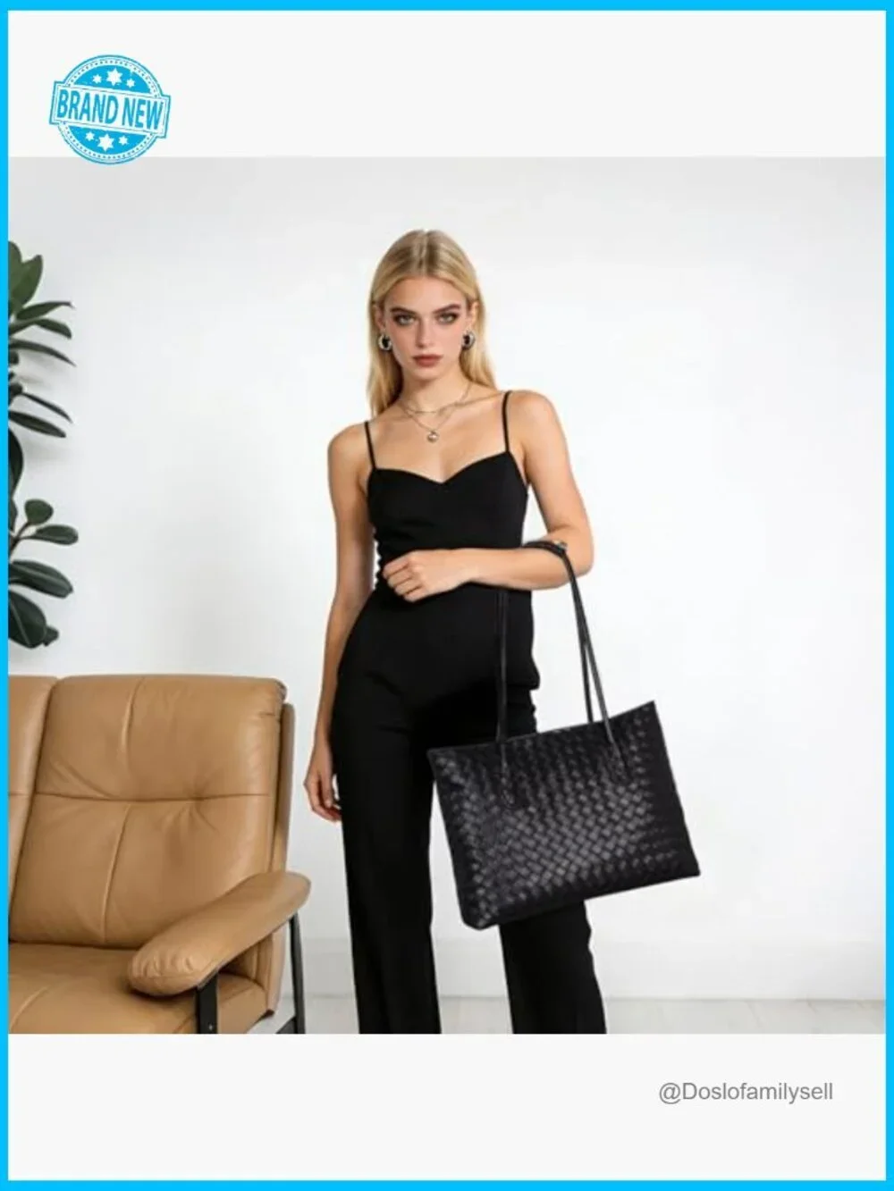 Woven Tote Bag with Zipper & Matching Pouch, Vegan Leather Weekender, Large
